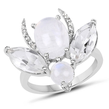 "7.41 Carat Genuine White Rainbow Moonstone, Crystal Quartz & White Topaz .925 Sterling Silver Ring"